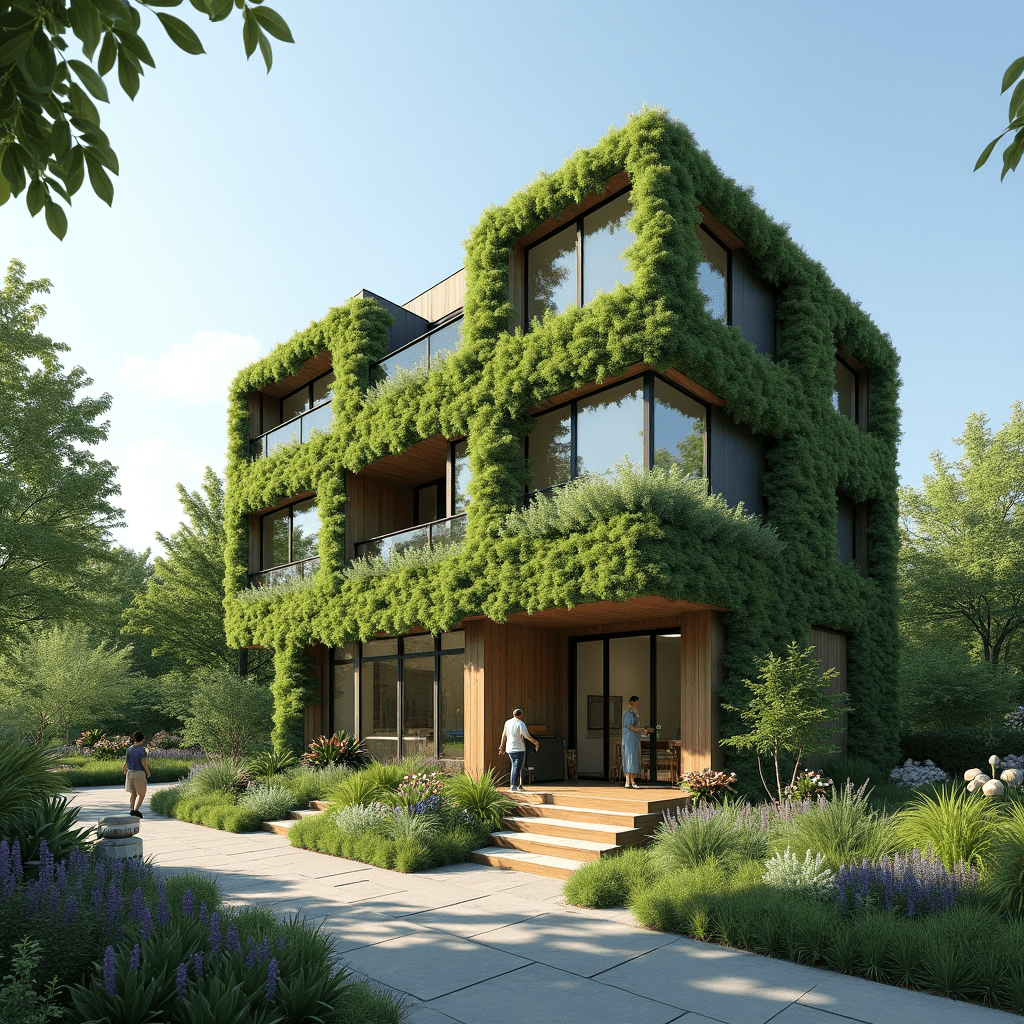 Modern sustainable building featuring living green walls, rooftop solar panels, rainwater collection systems, and large energy-efficient windows, surrounded by community gardens with people engaging with various eco-friendly features in natural sunlight.