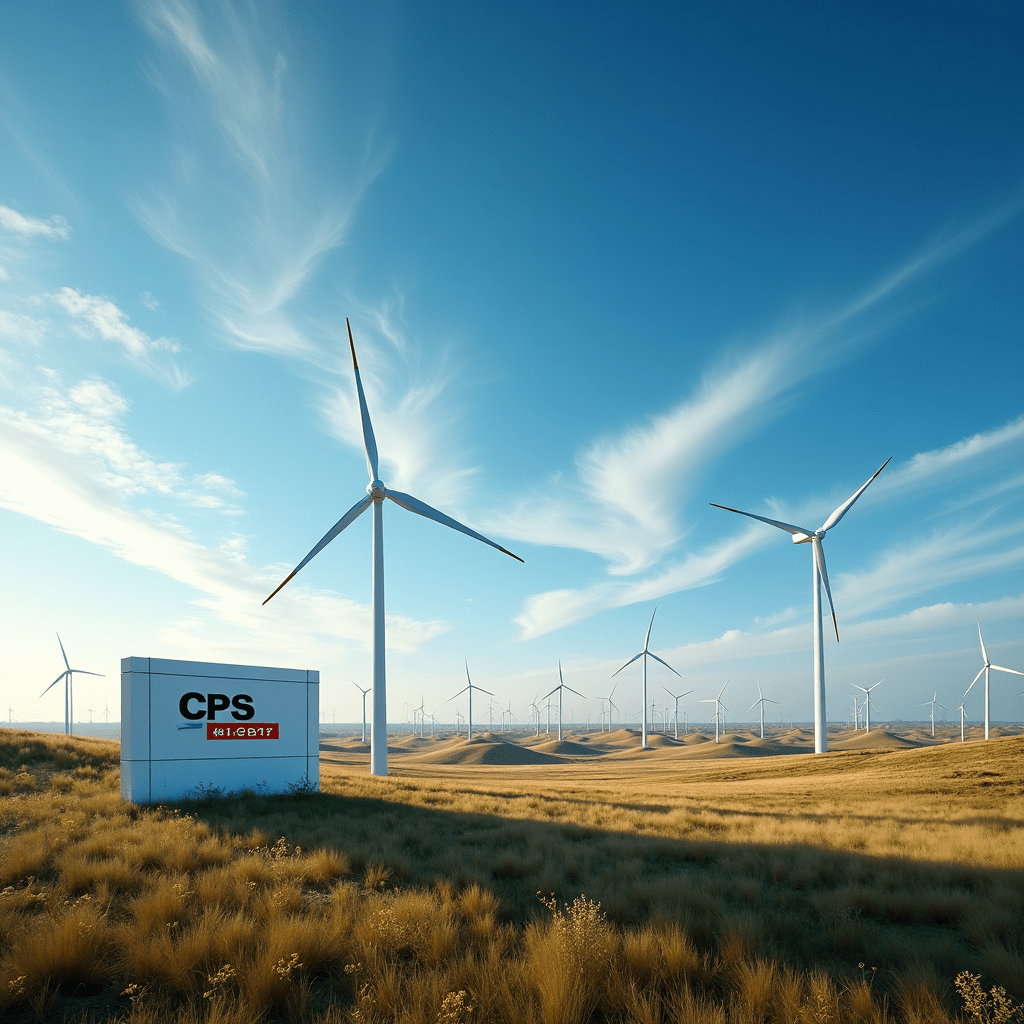 The generated image powerfully illustrates CPS Energy's leadership in wind power. A vast Texas landscape stretches out, dotted with dozens of modern wind turbines spinning gracefully against a vibrant blue sky. This visual representation captures the scale of CPS Energy's impressive 1,059 megawatt wind power portfolio. In the foreground, a sleek, futuristic building prominently displays the CPS Energy logo, symbolizing the company's forward-thinking approach to energy production. This juxtaposition of modern architecture with the natural landscape emphasizes CPS Energy's role in bridging traditional energy production with renewable sources. To the side, a graph showcases rising employment figures and decreasing energy costs, bringing to life the economic benefits of wind power mentioned in the article. This visual element effectively communicates the win-win nature of CPS Energy's wind investments - good for both the environment and the local economy. The overall composition conveys a sense of progress, sustainability, and economic growth. The vast expanse of wind turbines against the Texas backdrop serves as a powerful reminder of the state's transition from oil fields to wind farms, as highlighted in the article. This image serves as a compelling visual companion to the story of CPS Energy's wind power success, encapsulating their achievement in becoming a leader in renewable energy and their contribution to reshaping Texas's energy landscape.