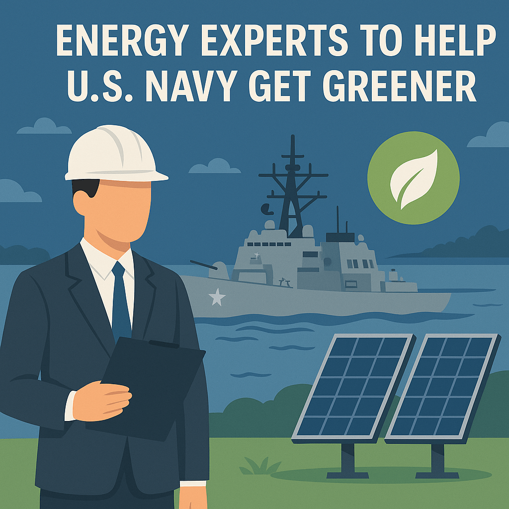 Illustration of a U.S. Navy ship, energy expert in a hard hat, and solar panels, symbolizing clean energy collaboration to make the Navy more sustainable.
