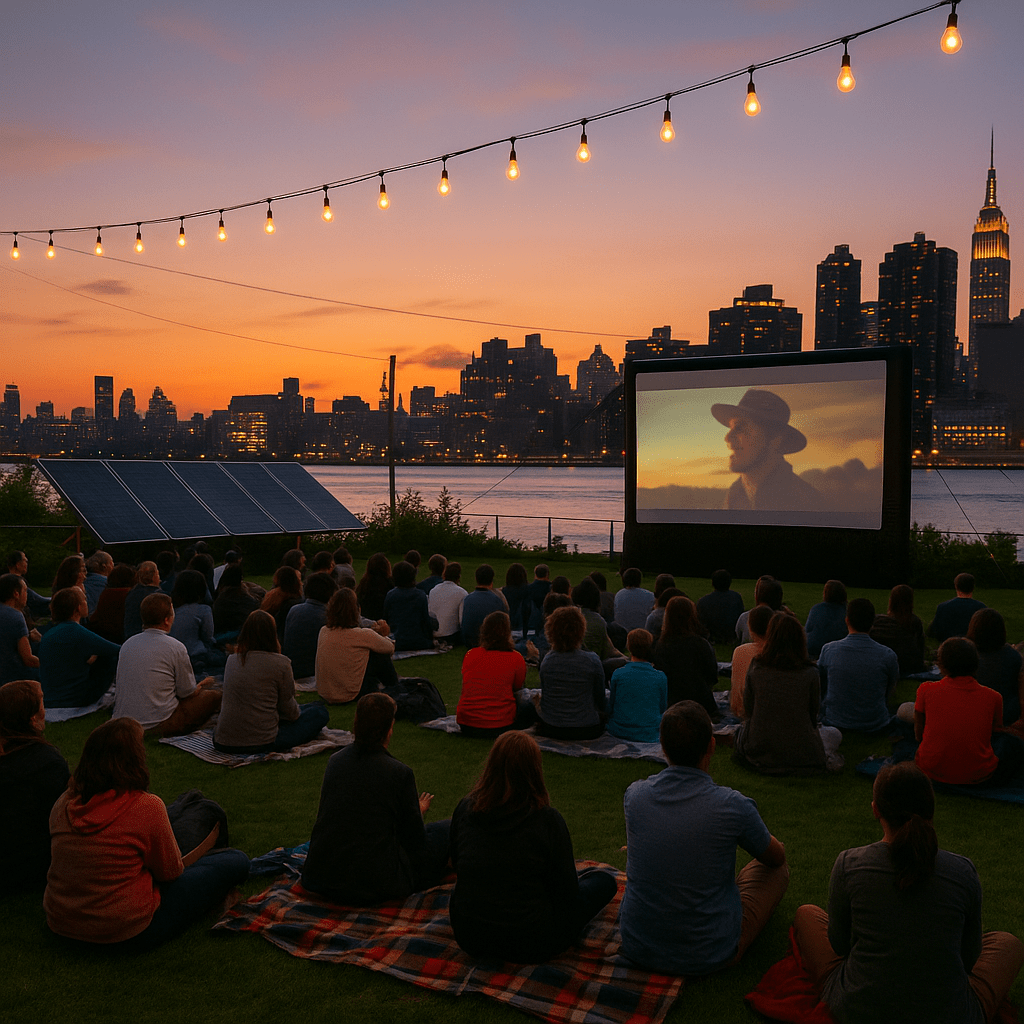 Outdoor moviegoers seated on the grass in front of a solar-powered screen at sunset in New York City.