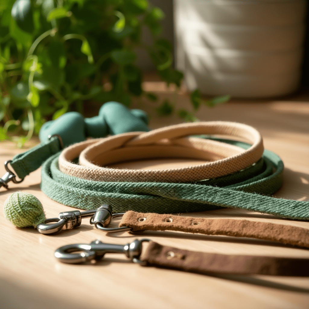 Planet Dog hemp collection a photograph showcasing eco-friendly hemp dog leashes in natural earth tones, arranged on a wooden surface with greenery in the background to emphasize the sustainable nature of these products. The natural lighting highlights the organic textures of the hemp material - perfect for featuring sustainable pet products!