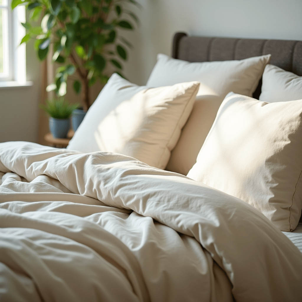 Well, folks, feast your eyes on this slice of eco-heaven! We've got a bedroom that's not just a treat for your body, but a high-five to Mother Earth too. Picture this: a bed that's practically begging you to dive in, all decked out in linen that looks softer than a cloud and smoother than your favorite green smoothie. The color? It's like nature bottled up the essence of calm and poured it right onto those sheets. Now, let's talk about those pillows and that duvet. They're so plump and inviting, you'd think they were doing yoga. The linen's got this amazing texture that practically screams "touch me!" - it's like the fabric equivalent of a gentle breeze on a summer day. But wait, there's more! See that sunlight streaming in? It's not just setting the mood; it's highlighting every eco-friendly detail in this room. It's like Mother Nature herself is giving this setup her seal of approval. And because we're all about that green life (pun totally intended), there's a cute little plant chilling on the nightstand. It's not just there to look pretty - though it does that too. It's a reminder that when we choose natural materials like linen, we're bringing a bit of the outside in, in the best way possible. This whole scene? It's not just a bedroom; it's a statement. It says, "Hey, I care about the planet, but I also care about getting my beauty sleep in style." It's proof that going green doesn't mean sacrificing an ounce of comfort or elegance. So, my fellow eco-warriors, this is what happens when sustainability meets sweet dreams. It's cozy, it's chic, and it's as green as it gets. Who knew saving the planet could look this good?