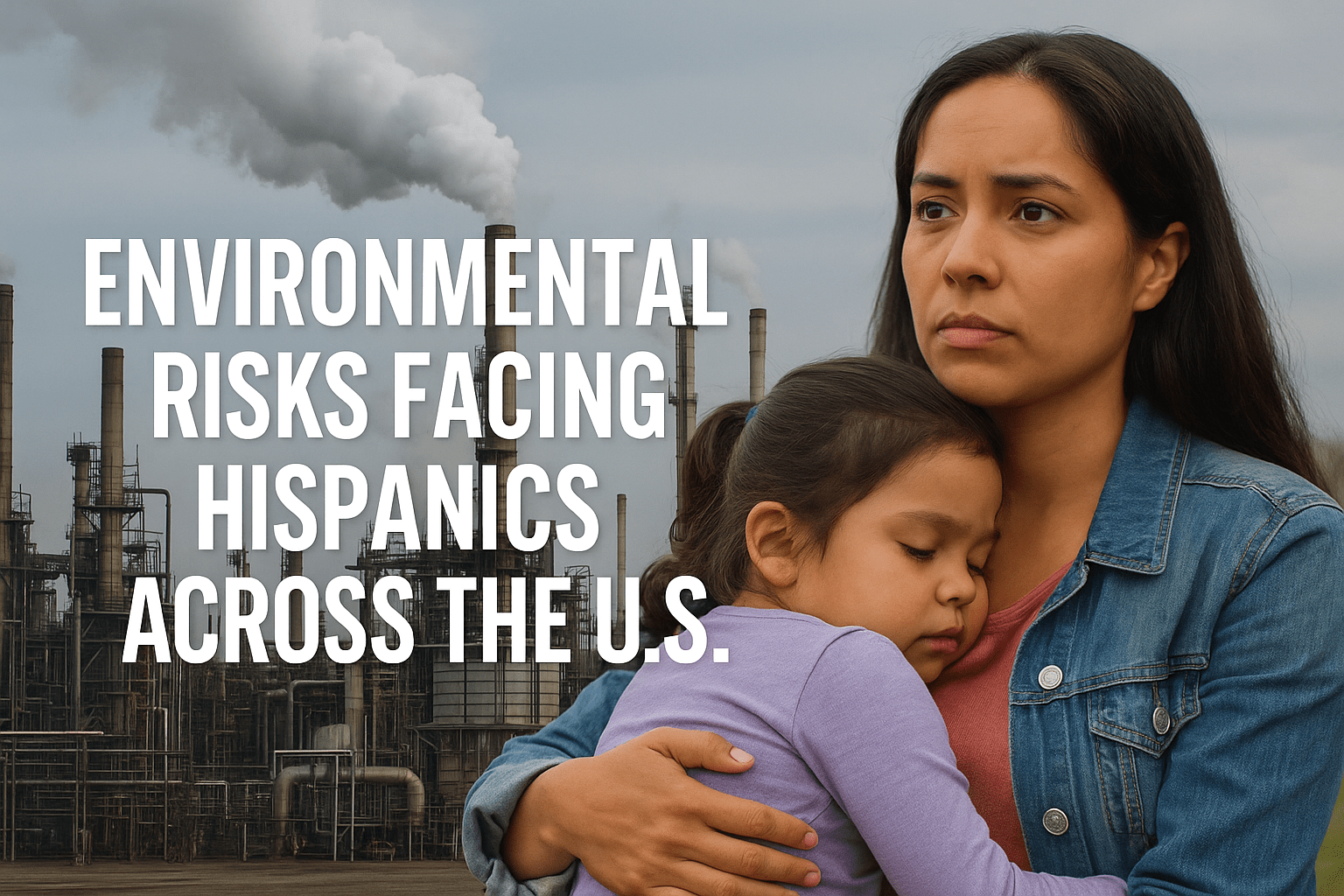 Mother holding her child in front of a large industrial plant emitting smoke, with overlaid text reading “Environmental Risks Facing Hispanics Across the U.S.” highlighting environmental justice concerns.