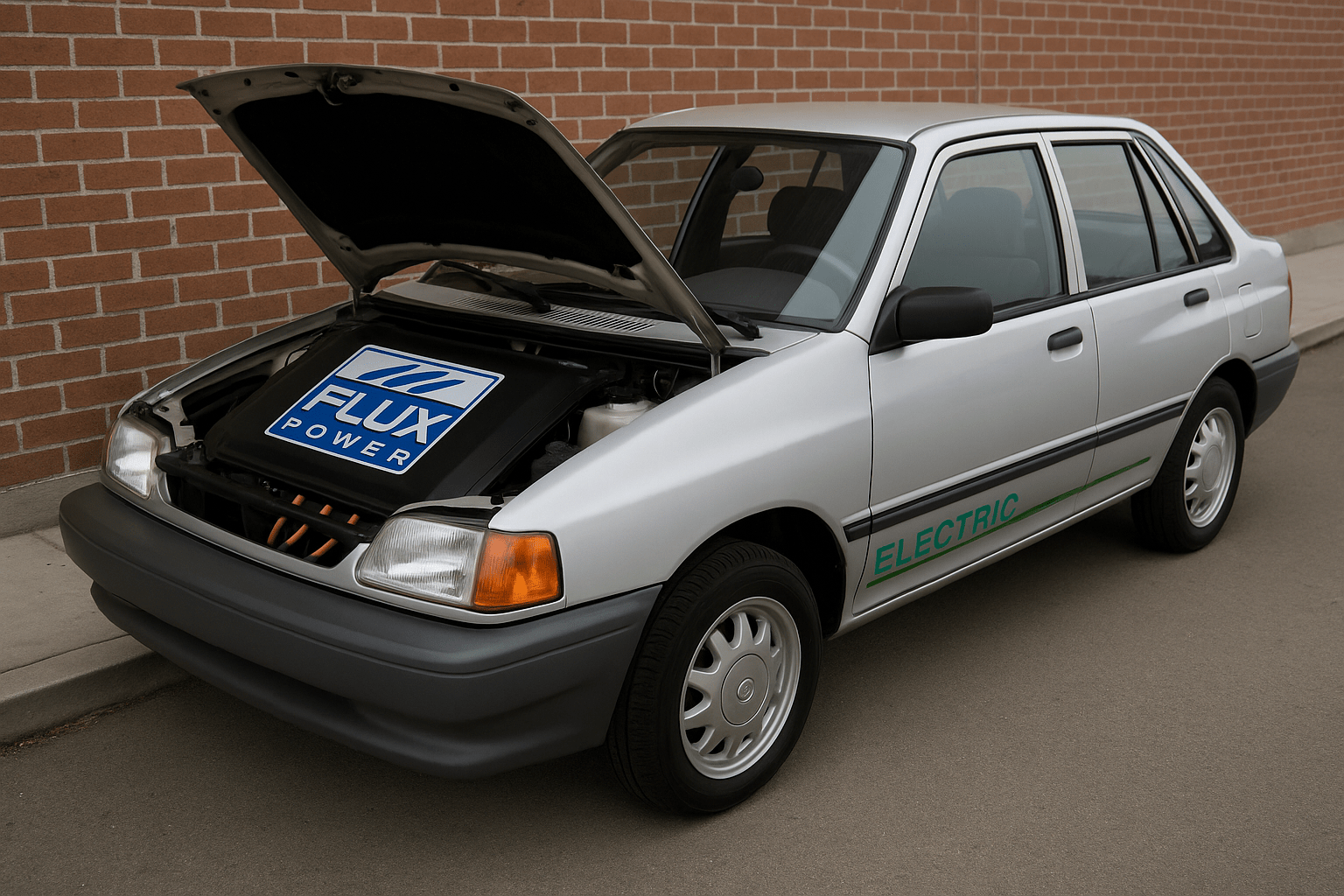 Retro-style electric vehicle with “ELECTRIC” branding and Flux Power battery under the hood.