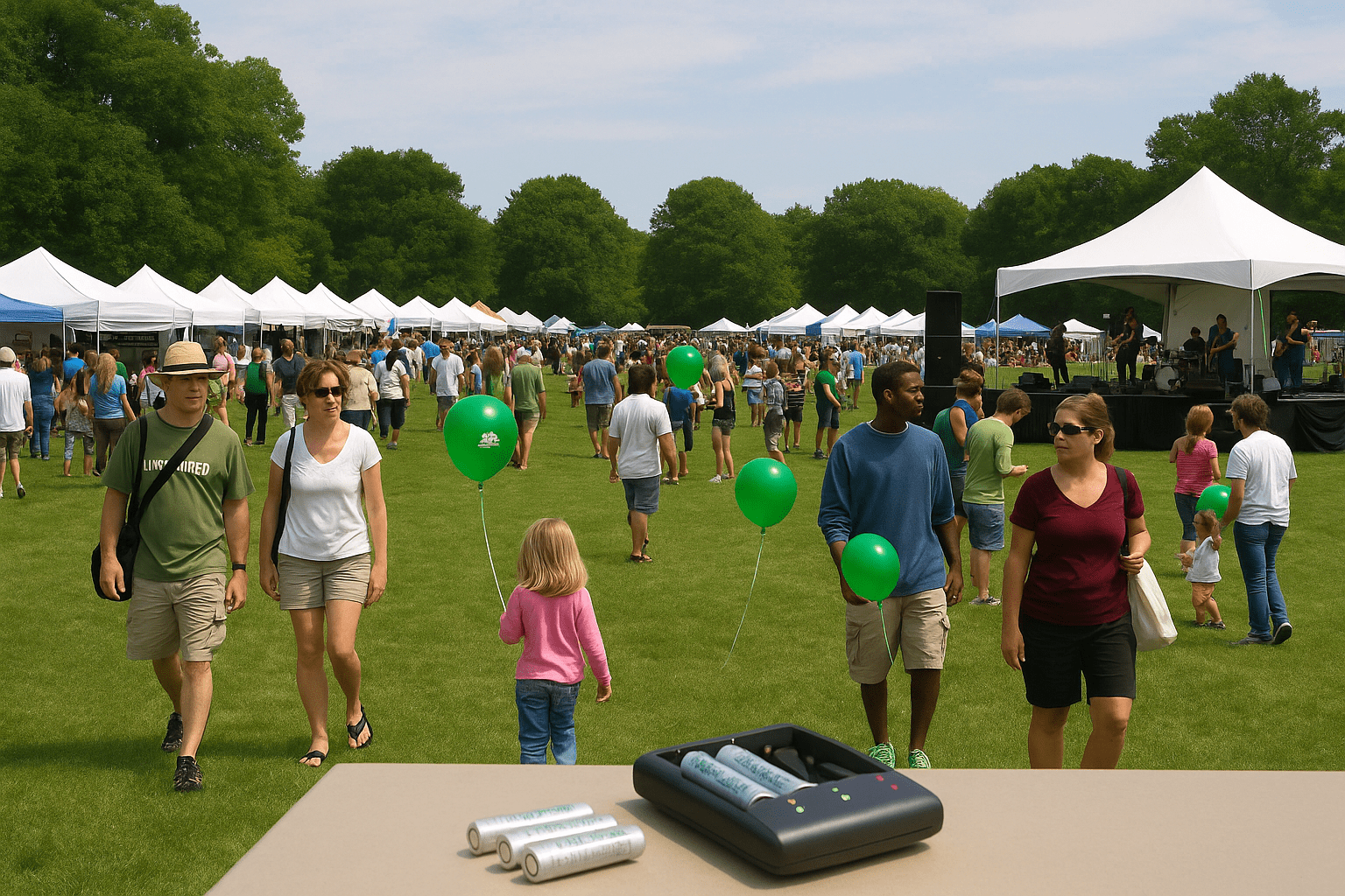 Outdoor sustainability fair with vendor tents, live music stage, and families walking on green grass under a sunny sky.