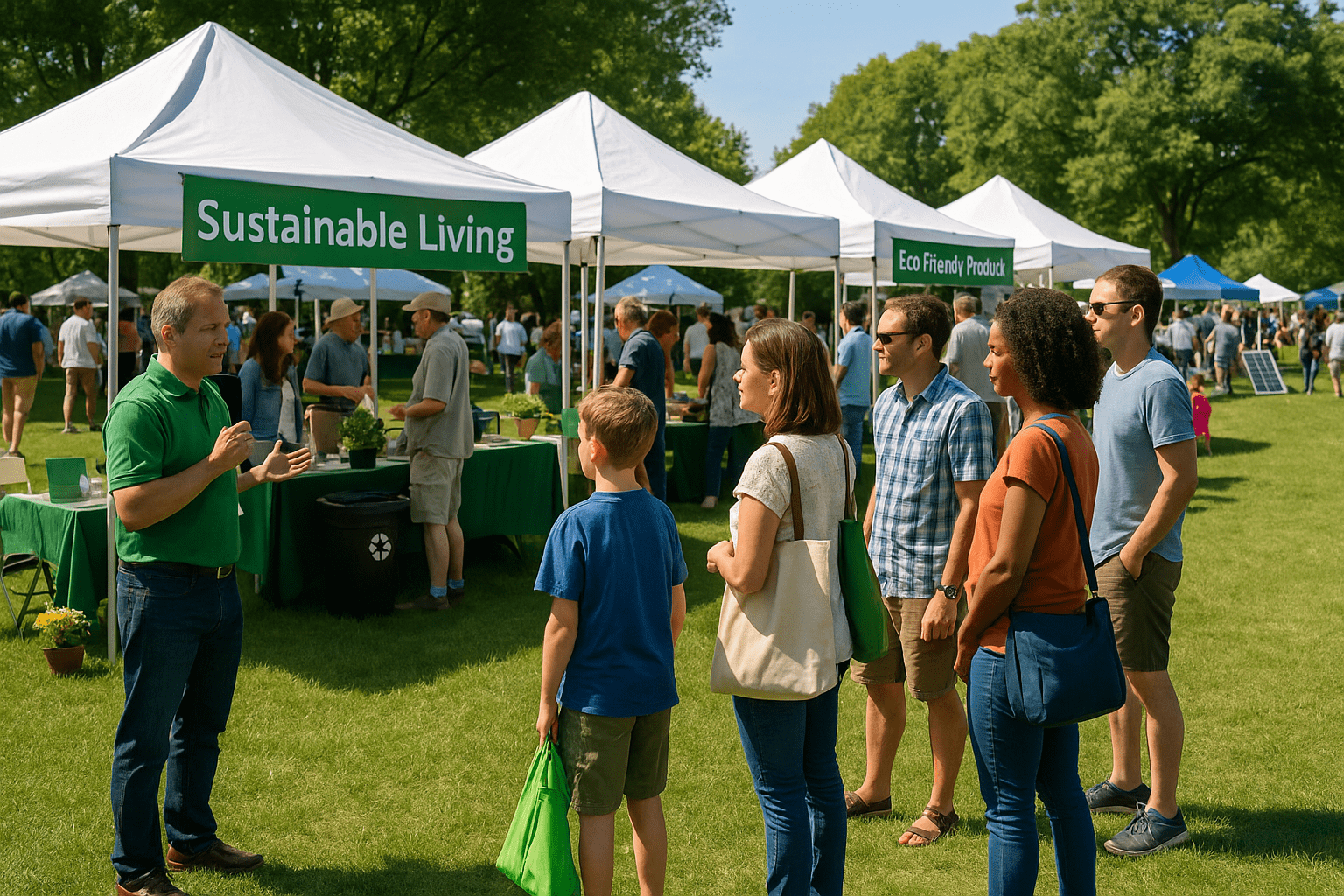 Outdoor sustainability fair with vendor tents, families browsing eco-friendly booths, and a speaker leading a green living demonstration.
