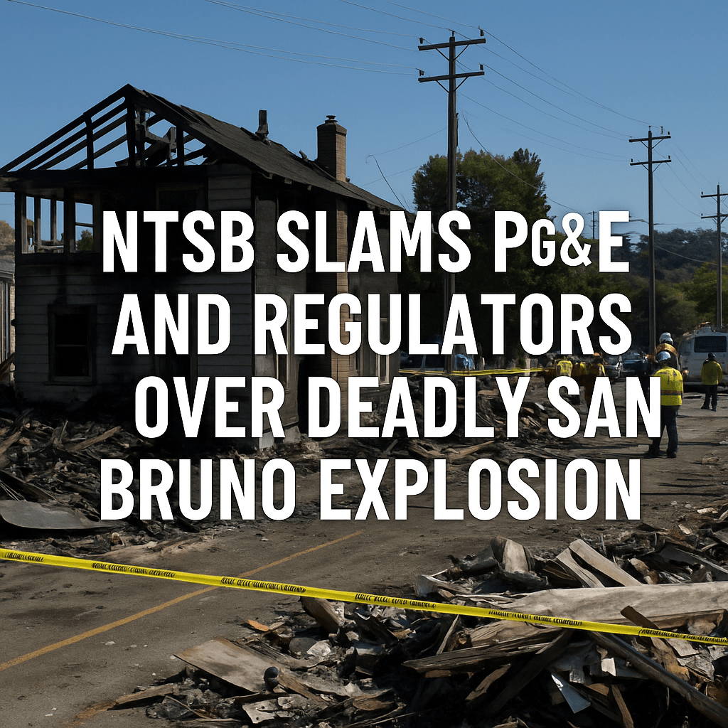 Burned home and debris in San Bruno with utility workers and caution tape in the foreground, overlaid with bold text about the NTSB’s criticism of PG&E and state regulators after the explosion.