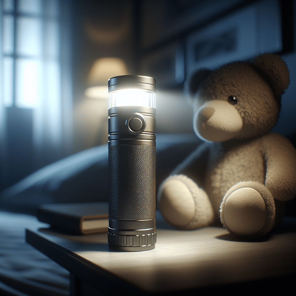 The image beautifully captures the essence of the SYLVANIA Solar LED Flashlight in action. A sleek, modern device takes center stage on a nightstand, emitting a soft, warm glow that bathes the surrounding area in gentle light. The flashlight's dual functionality is evident, serving as both a comforting nightlight and a potential emergency light source. The solar panel on the side of the flashlight is clearly visible, highlighting its eco-friendly design and energy efficiency. This feature underscores the product's alignment with green living principles, offering a sustainable lighting solution for environmentally conscious consumers. In the foreground, a child's teddy bear is partially illuminated, suggesting the flashlight's suitability for a child's room. This detail emphasizes the product's role in providing comfort and security during nighttime hours, potentially easing children's fears of the dark. The dimly lit room in the background showcases the flashlight's effectiveness in providing visibility. Faint outlines of furniture are discernible, illustrating how the device can offer crucial illumination during power outages or when navigating dark spaces. Overall, the image conveys a sense of coziness and reassurance. It effectively demonstrates the SYLVANIA Solar LED Flashlight's versatility, combining practical functionality with an aesthetically pleasing design that fits seamlessly into a home environment.