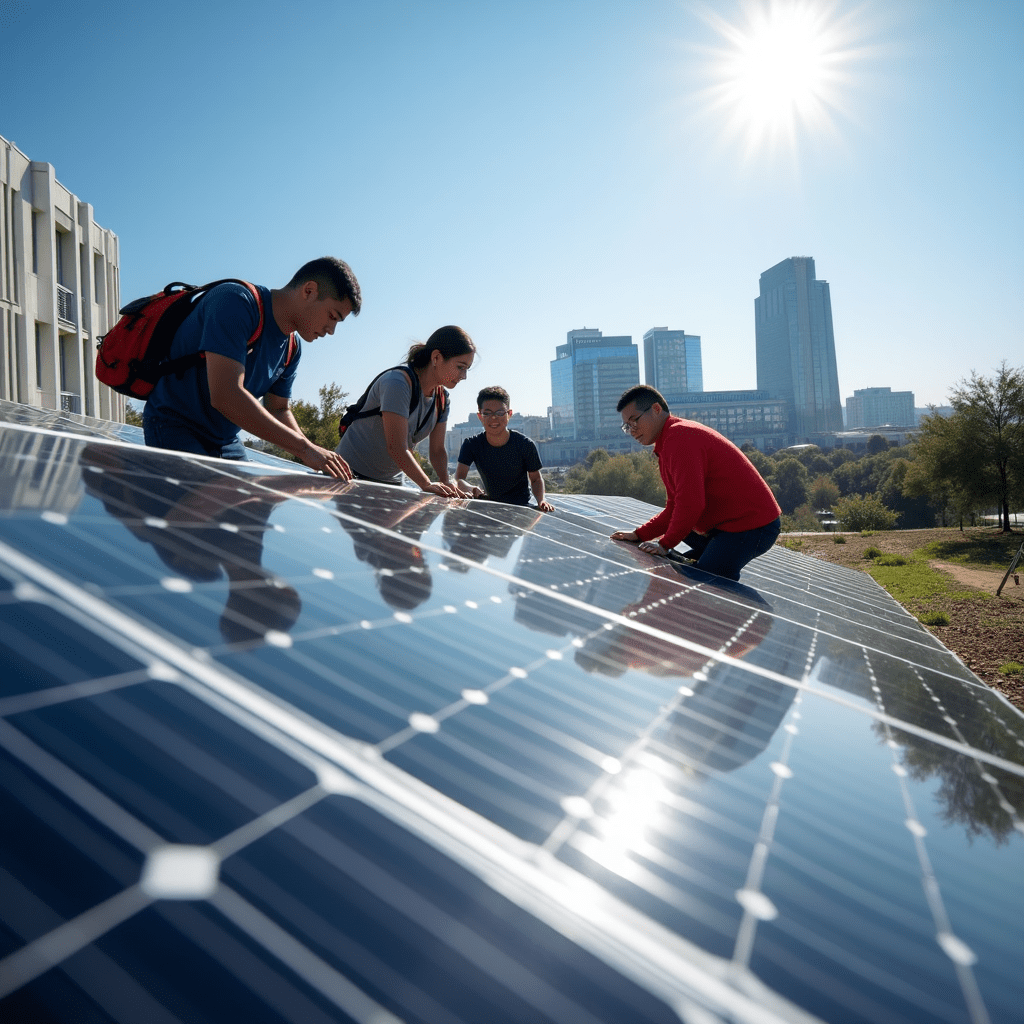 The image showcases a vibrant solar panel installation at Google's Mountain View headquarters. It captures a sunny day with sleek solar panels glistening under the sun, and diverse Google employees actively engaged in monitoring and maintaining the panels, highlighting teamwork and innovation against the backdrop of Google's iconic campus buildings.