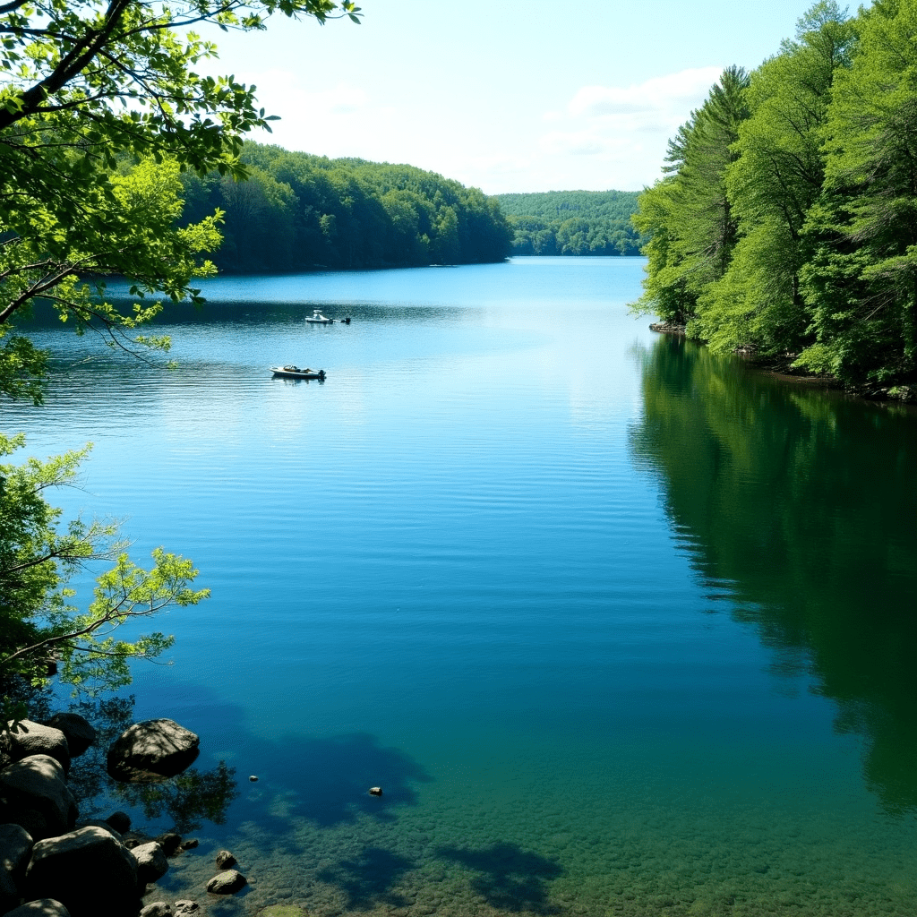 Here is an image depicting a serene and picturesque view of Lake Simcoe, showcasing its clear blue waters and lush greenery surrounding the lake. The scene captures the essence of a peaceful natural environment, with a few small boats gently floating on the water. The bright and clear sky reflects on the lake's surface, creating a tranquil and inviting atmosphere. This image represents the beauty and ecological significance of Lake Simcoe, emphasizing its role as a vital natural resource and a hub for community recreation.