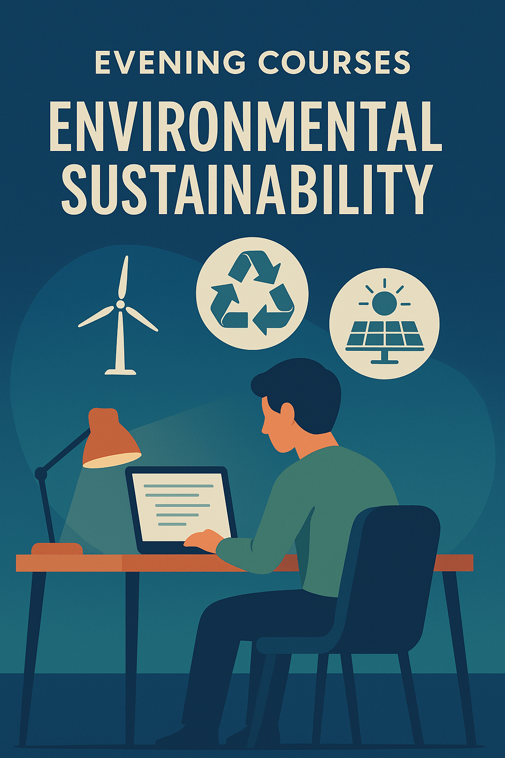 A 2D digital graphic design promotional image featuring a person seated at a desk during the evening, studying environmental sustainability topics on a laptop, with icons of wind turbines, recycling, and solar panels above.