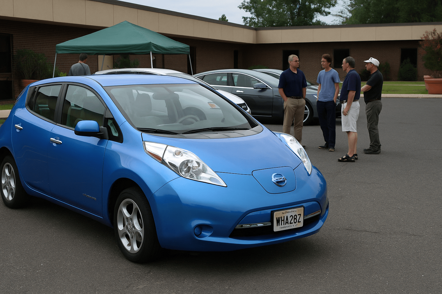 A group of electric vehicles, including a blue Nissan Leaf, parked outside while EV enthusiasts stand nearby, chatting and inspecting the cars.