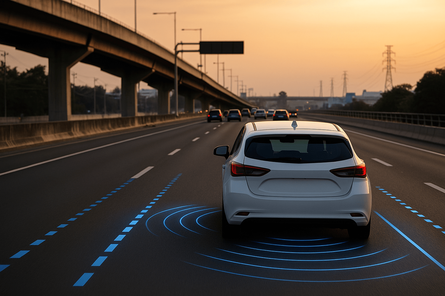 White autonomous car driving on a multilane highway at sunset, with visible sensor lines and lane guidance overlays representing intelligent transportation technology.