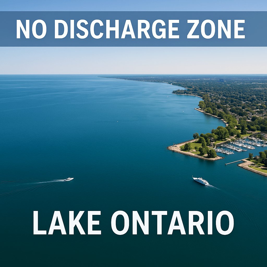 Aerial photo of Lake Ontario with boats and marinas visible, labeled “NO DISCHARGE ZONE” and “LAKE ONTARIO” in bold text.