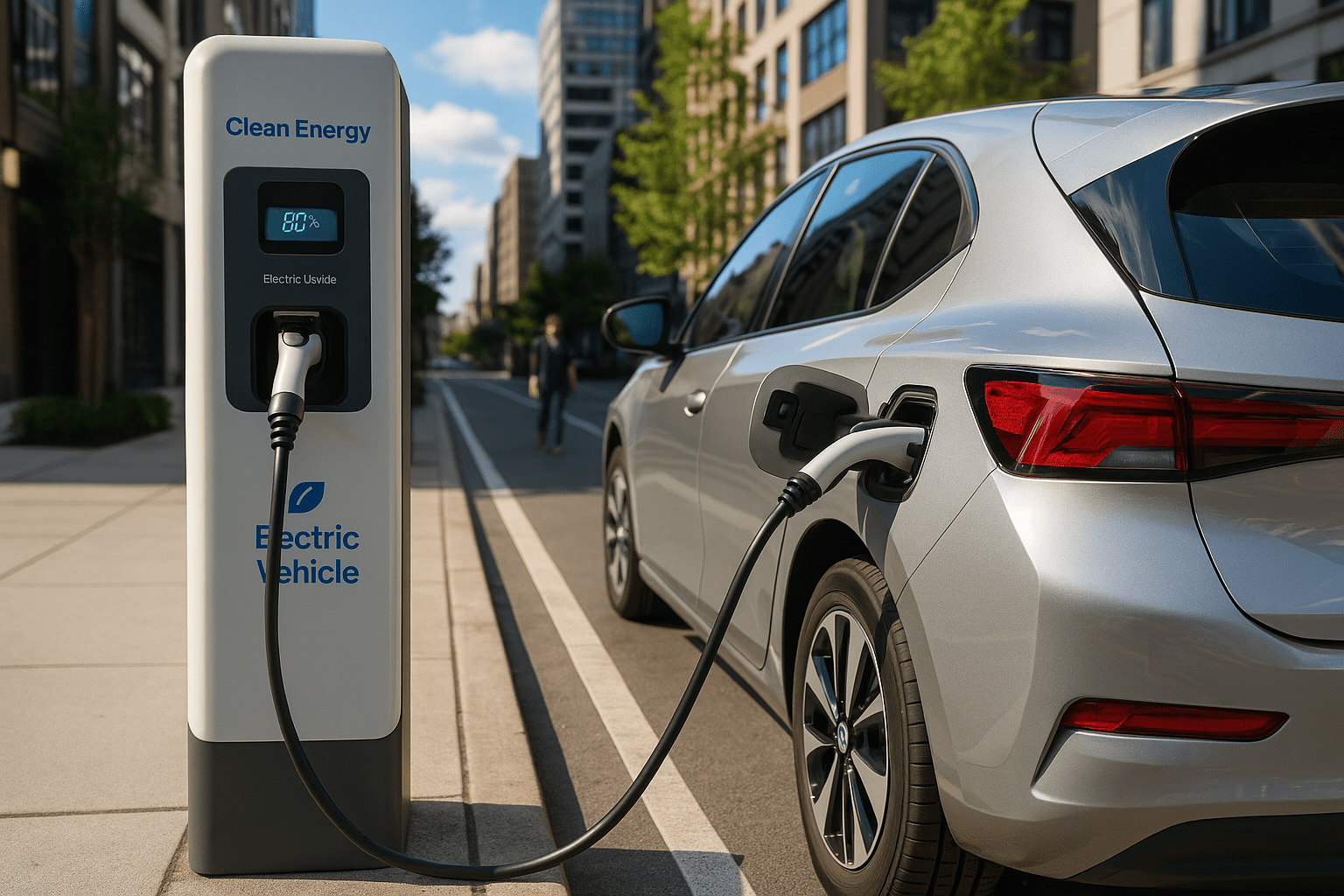 Silver electric vehicle charging at a modern city street station labeled ‘Clean Energy’ with urban buildings and a pedestrian in the background.
