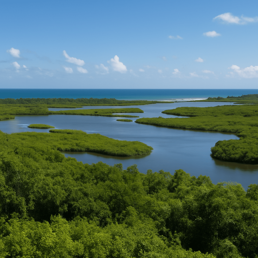 A high-resolution aerial view of Loíza wetlands in Puerto Rico, showing winding waterways, lush green mangroves, and a calm blue ocean under a bright sky.