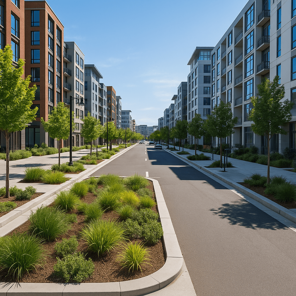 Mission Bay street in San Francisco with rain gardens, permeable pavement, and new trees in a modern urban setting.