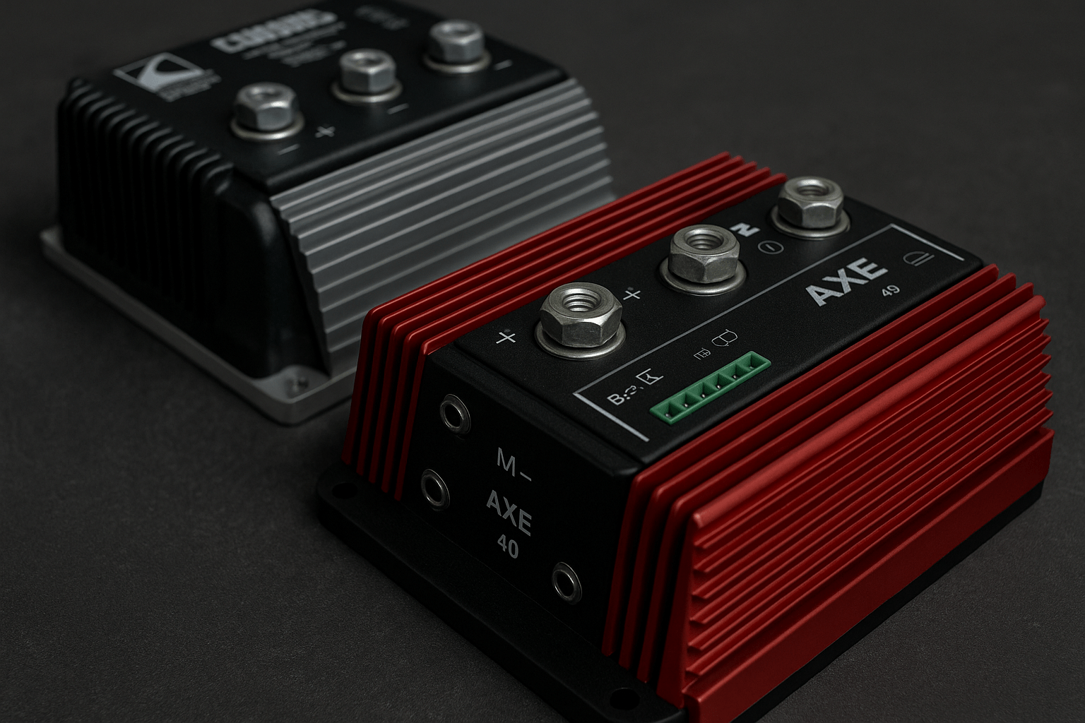 High-resolution photo of two electric vehicle motor controllers, one with a red heat sink labeled AXE 40 in the foreground and another black and silver unit in the background.
