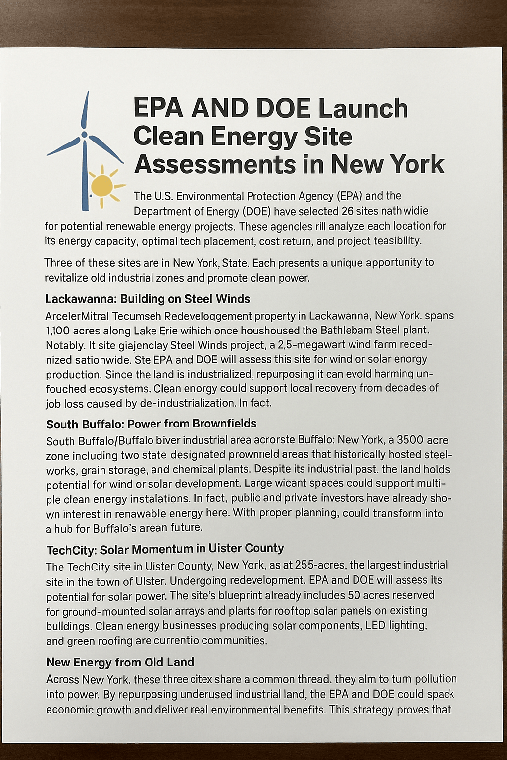 Photo of a printed document titled “EPA AND DOE Launch Clean Energy Site Assessments in New York,” placed on a wooden desk, outlining redevelopment plans for three New York sites: Lackawanna, South Buffalo, and TechCity in Ulster County, with a clean energy icon featuring a wind turbine and sun.