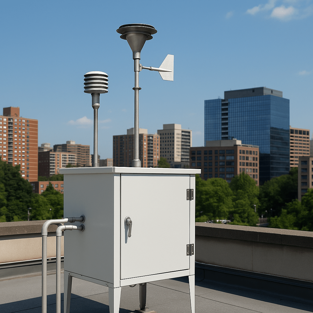 An air quality monitoring station on a rooftop in a city, with sensors and instruments positioned against a background of tall urban buildings and clear blue skies.