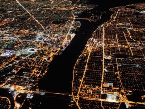 Detroit from the air at night, with views of Windsor, Ontario across the river which show that the Canadian city has much less light being given off. Learn mor...Read More PHOTOGRAPH BY JIM RICHARDSON, NATIONAL GEOGRAPHIC