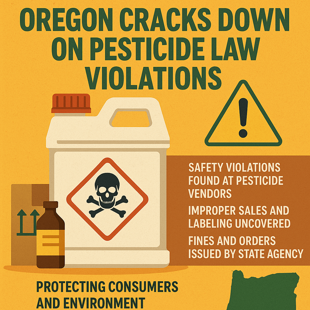 Illustrated poster about Oregon’s pesticide law enforcement featuring warning signs, chemical containers, and text highlighting violations.