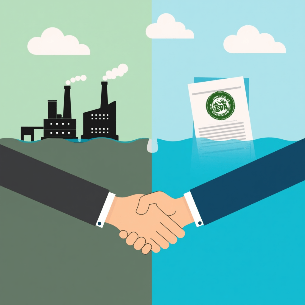 "Split image showing factory pollution and clean water, with EPA logo and settlement symbols, representing Clean Water Act enforcement" This visual representation serves as a powerful reminder of the importance of environmental regulations and the positive impact of their enforcement on water quality and overall ecosystem health.