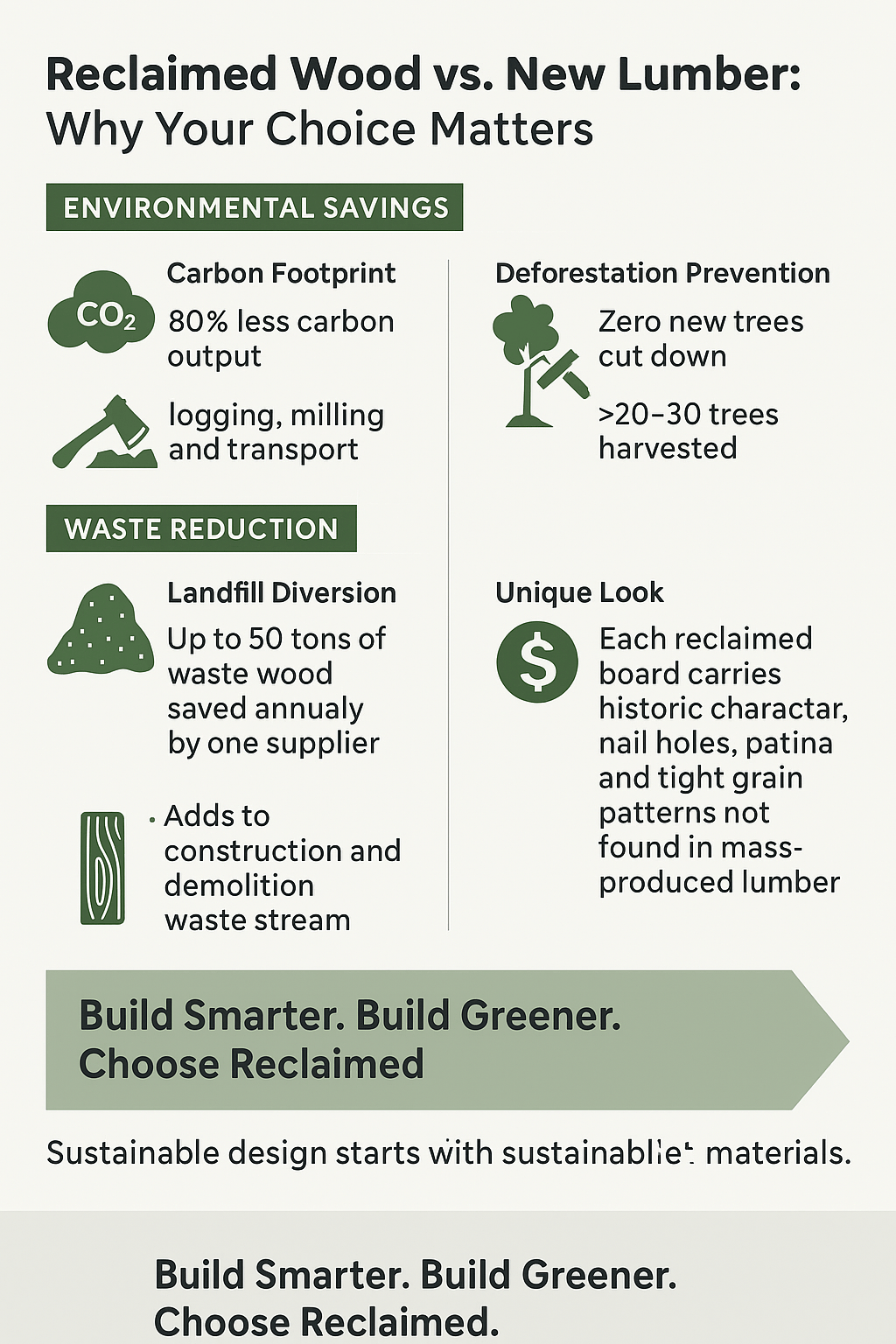 Infographic comparing reclaimed wood and new lumber, showing environmental, waste, and design benefits of using reclaimed wood.