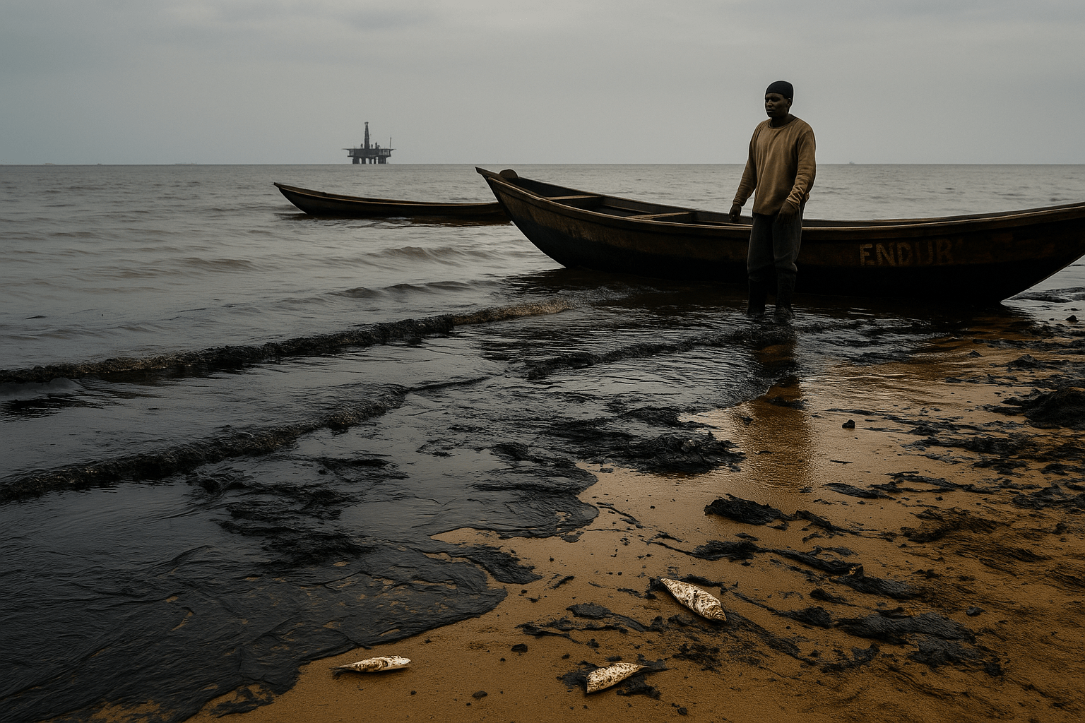 Oil-covered Nigerian shoreline with a fisherman beside wooden boats, dead fish on the sand, and an offshore platform in the background.