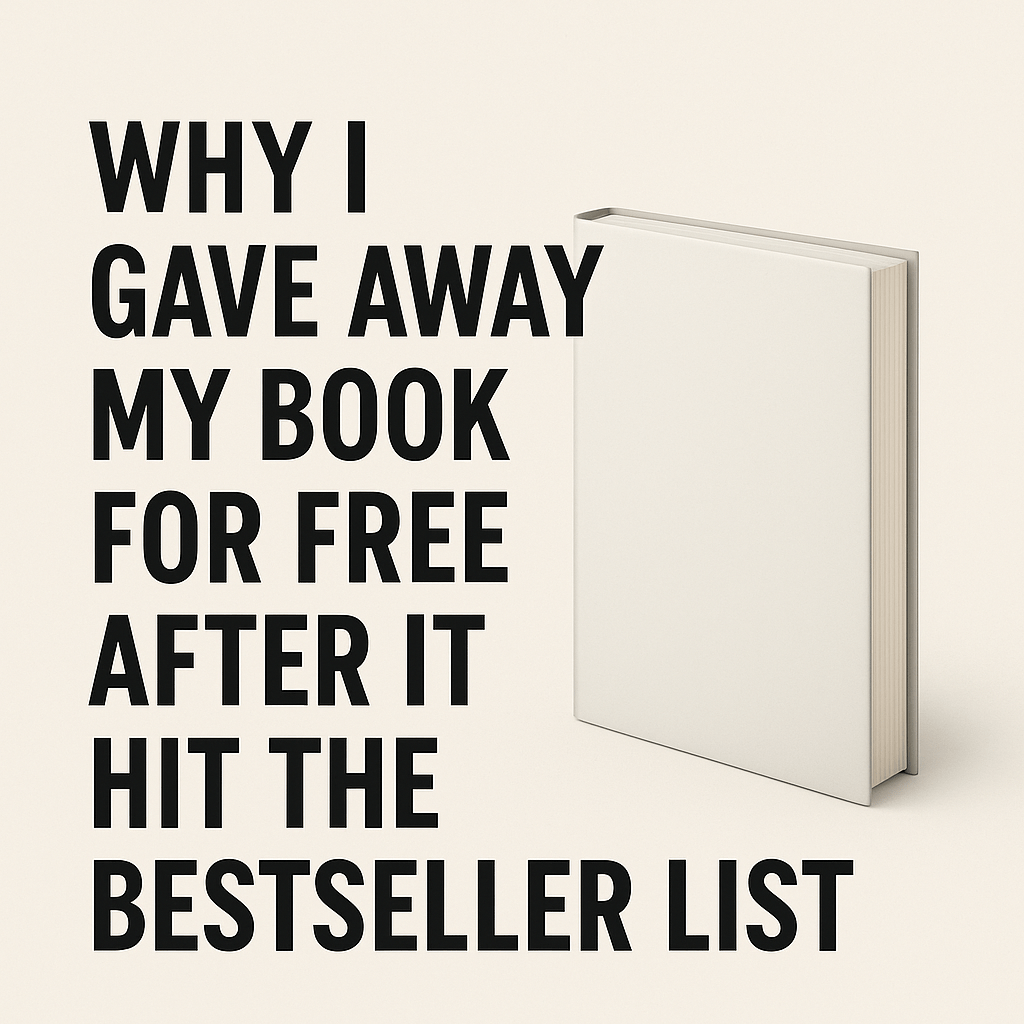 Minimalist graphic with bold black text reading “WHY I GAVE AWAY MY BOOK FOR FREE AFTER IT HIT THE BESTSELLER LIST” next to a blank white hardcover book.