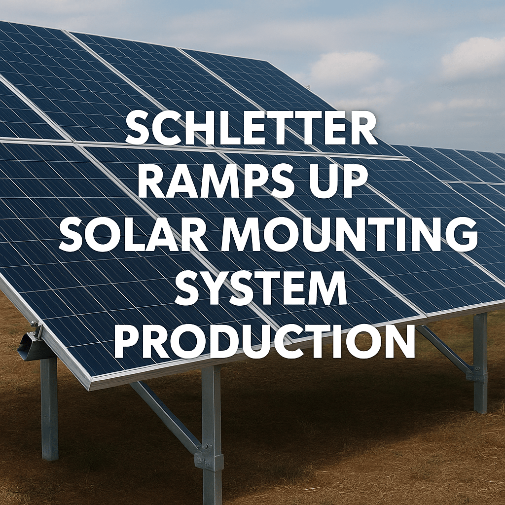 Solar mounting systems supporting rows of solar panels at a solar farm with the text “Schletter Ramps Up Solar Mounting System Production” overlaid.