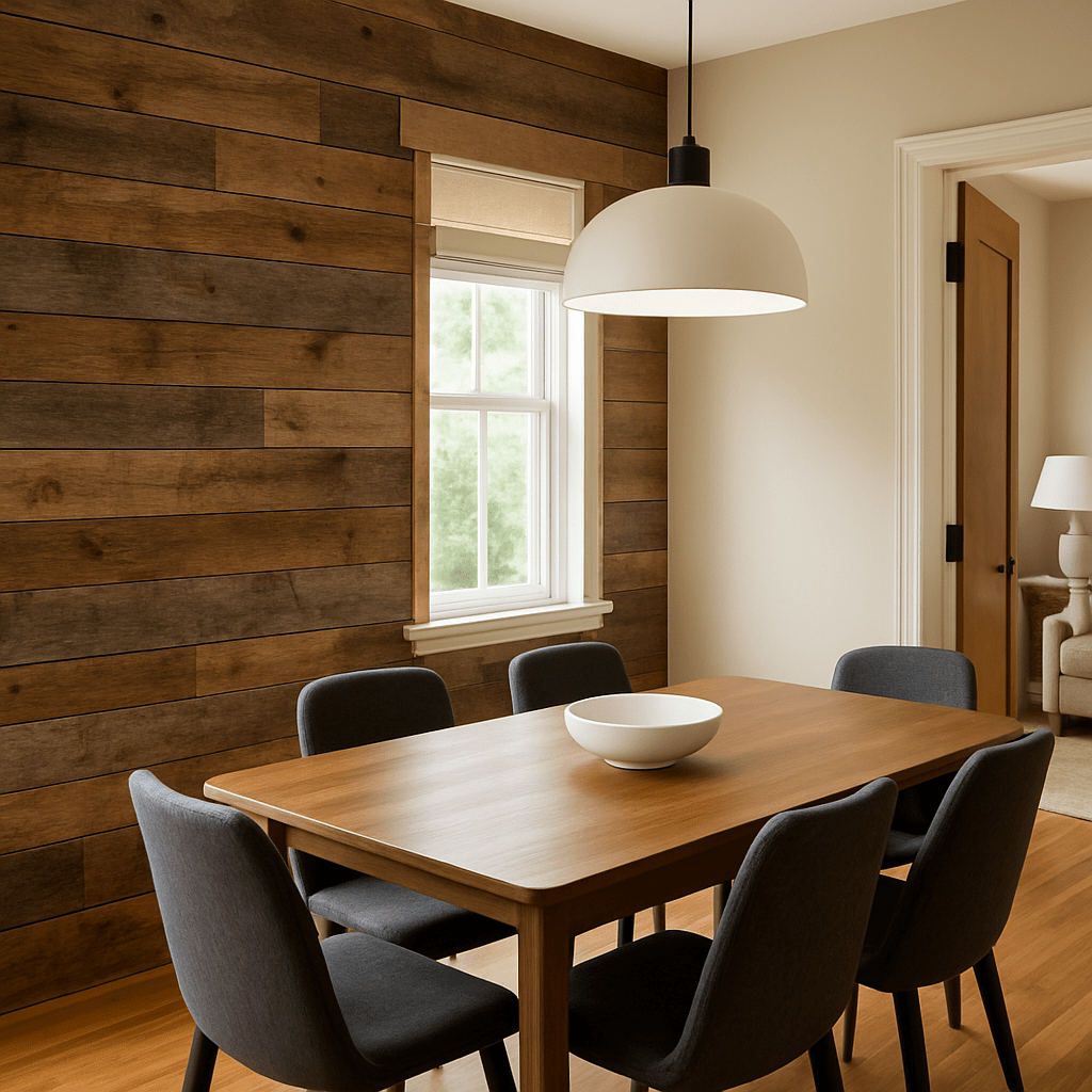 Dining area with a wall of reclaimed wood planks in varied warm tones, paired with modern furniture.