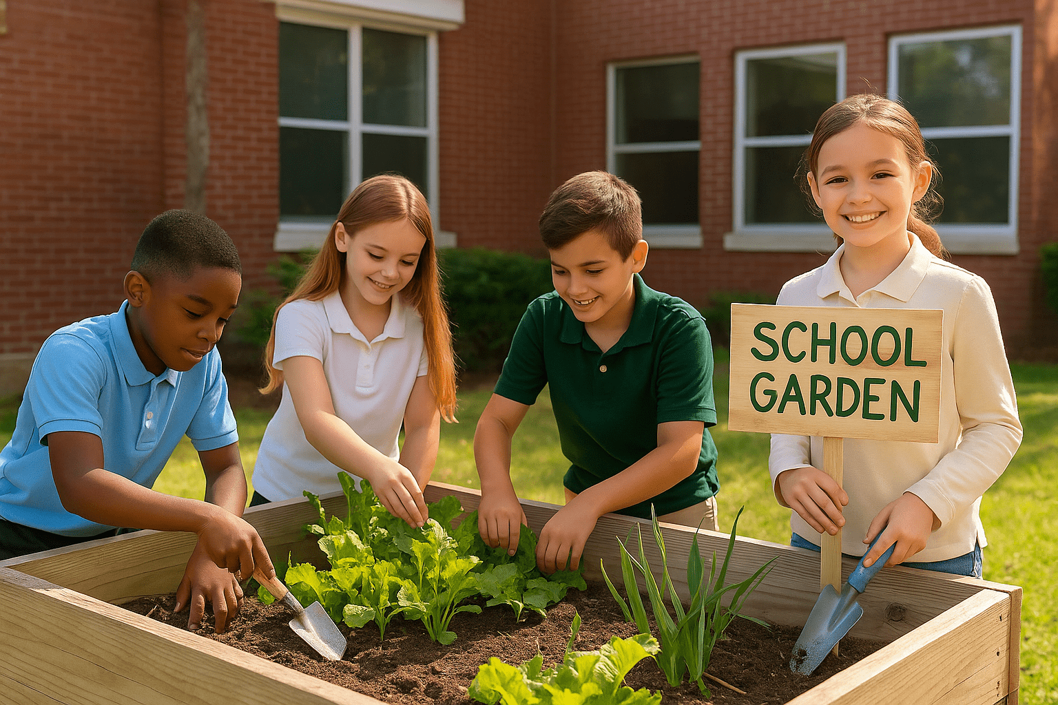 Four elementary school students of diverse backgrounds working together in a raised garden bed outside a red-brick school building, with one holding a “SCHOOL GARDEN” sign.