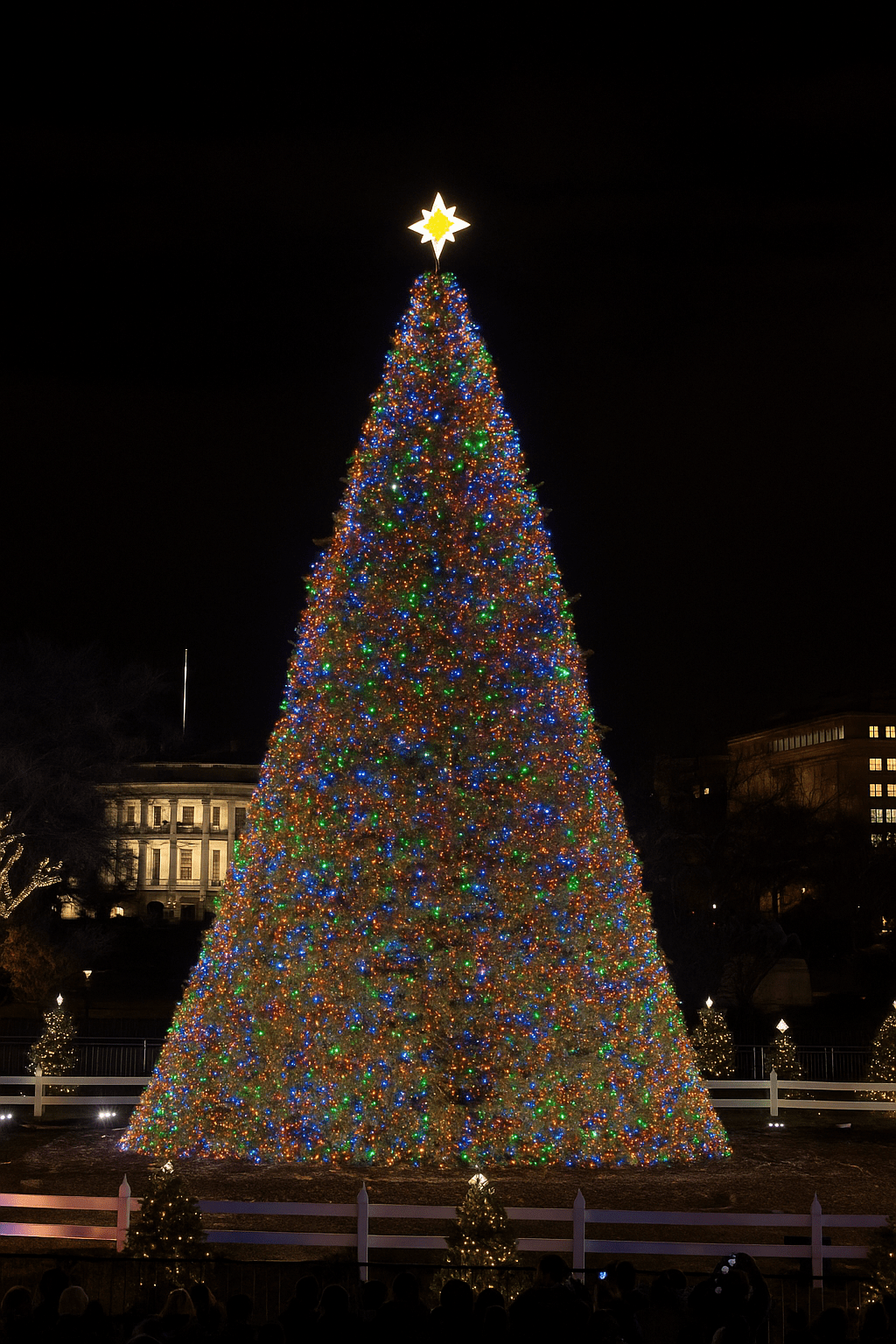 The 2011 National Christmas Tree in President’s Park illuminated with thousands of colorful GE LED lights, with a glowing star on top and the White House visible in the background.