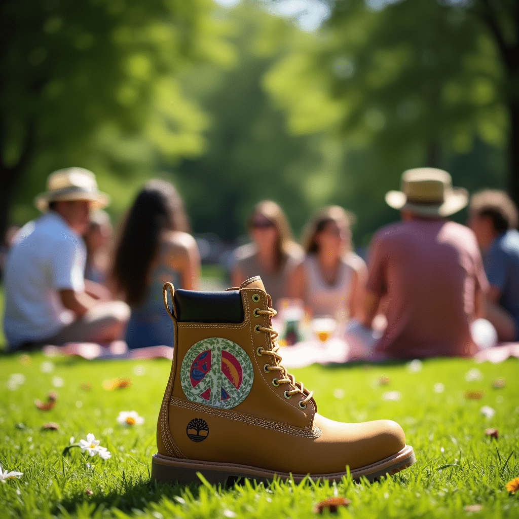 The image I generated showcases a diverse group of people enjoying a picnic in a lush, green park on a sunny day. The Timberland Earthkeepers boots featuring Ringo Starr's peace sign artwork are prominently displayed, highlighting the collaboration between the brand and the legendary musician. The vibrant scene captures the spirit of community, sustainability, and social responsibility that this initiative represents.