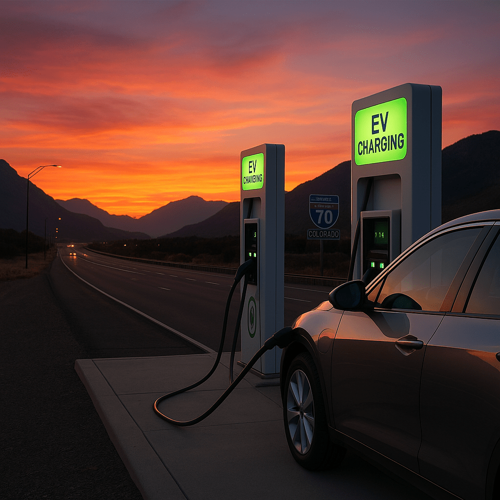 Electric car charging at a highway station in Colorado at dusk with mountains and a vivid sunset in the background.