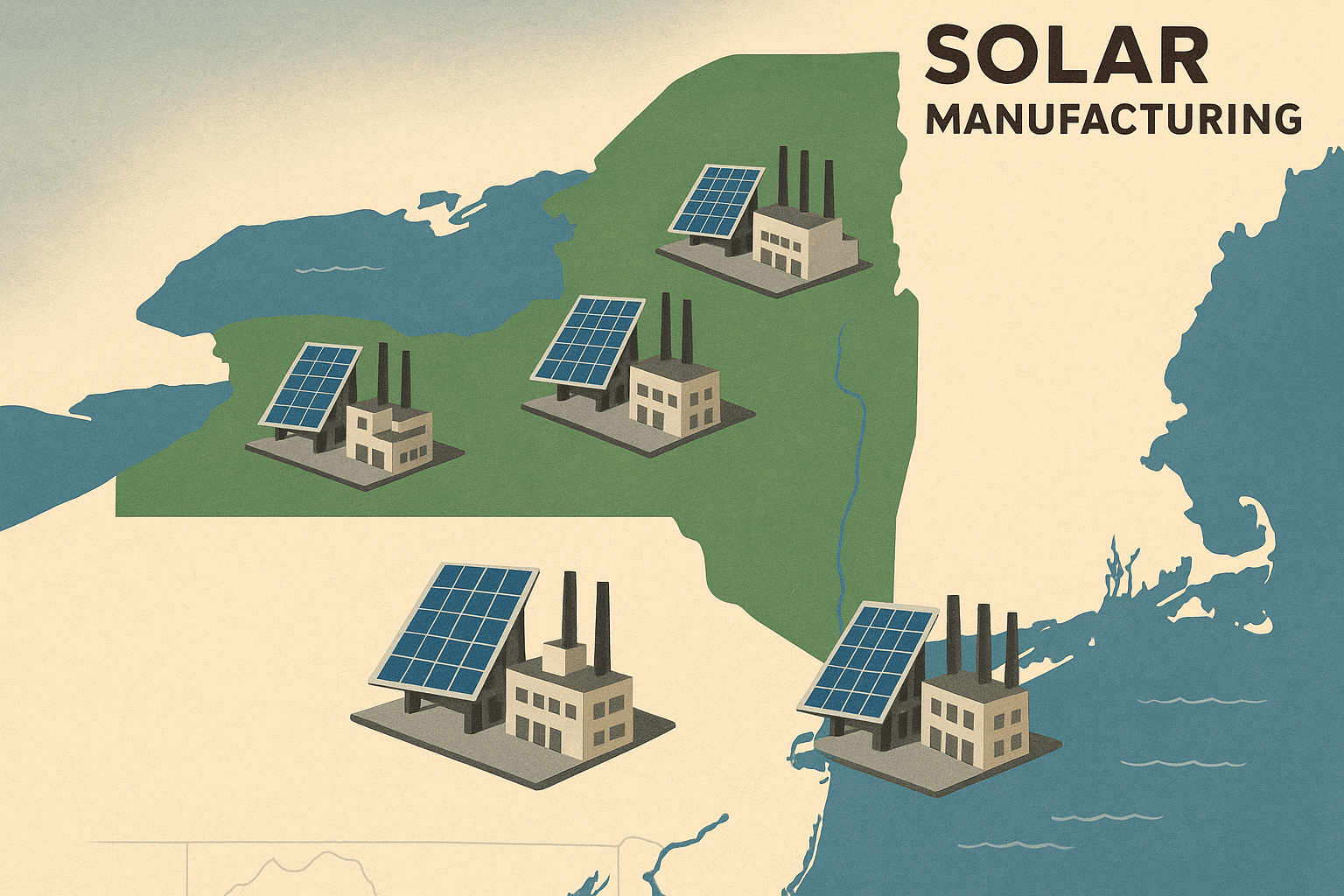 Illustrated map of New York State showing solar manufacturing facilities across different regions.
