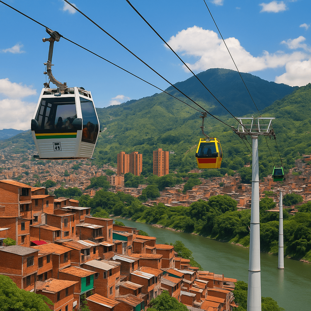 Medellín’s Metrocable cable cars gliding above hillside neighborhoods with lush green mountains in the background.