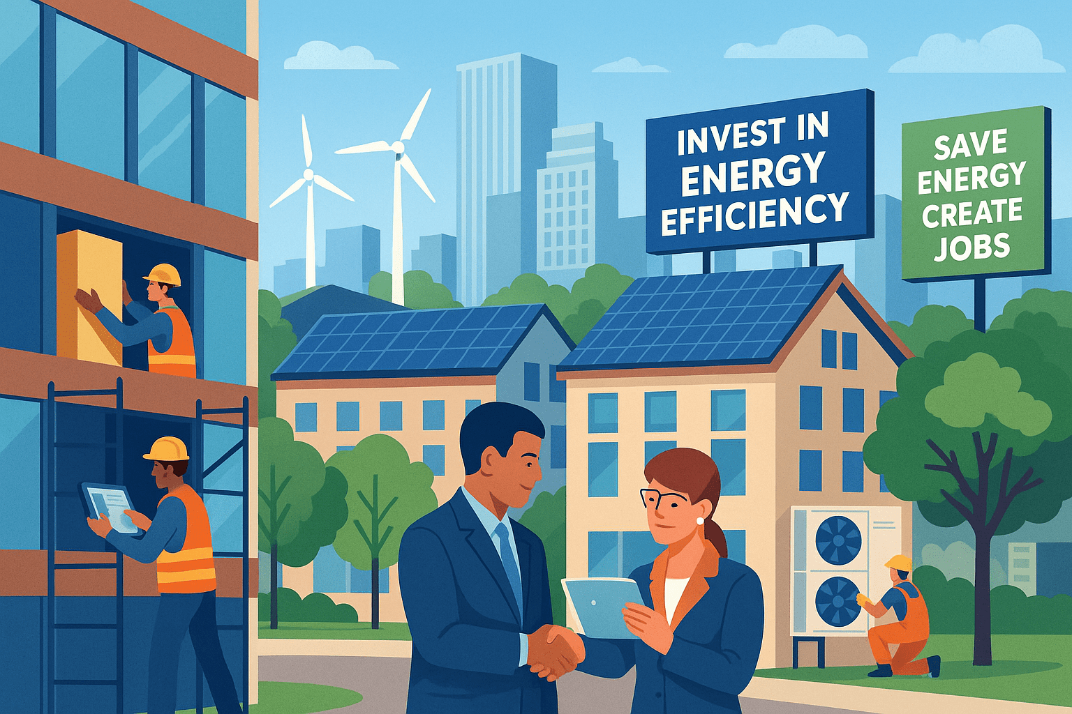 Workers install insulation and inspect smart lighting on energy-efficient buildings with solar panels and wind turbines in the background, highlighting green jobs and sustainable urban design.