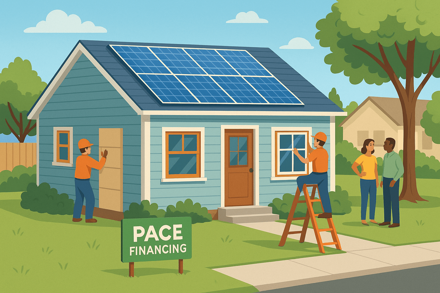 Suburban home with solar panels and workers installing energy-efficient upgrades using PACE financing, with neighbors talking nearby.