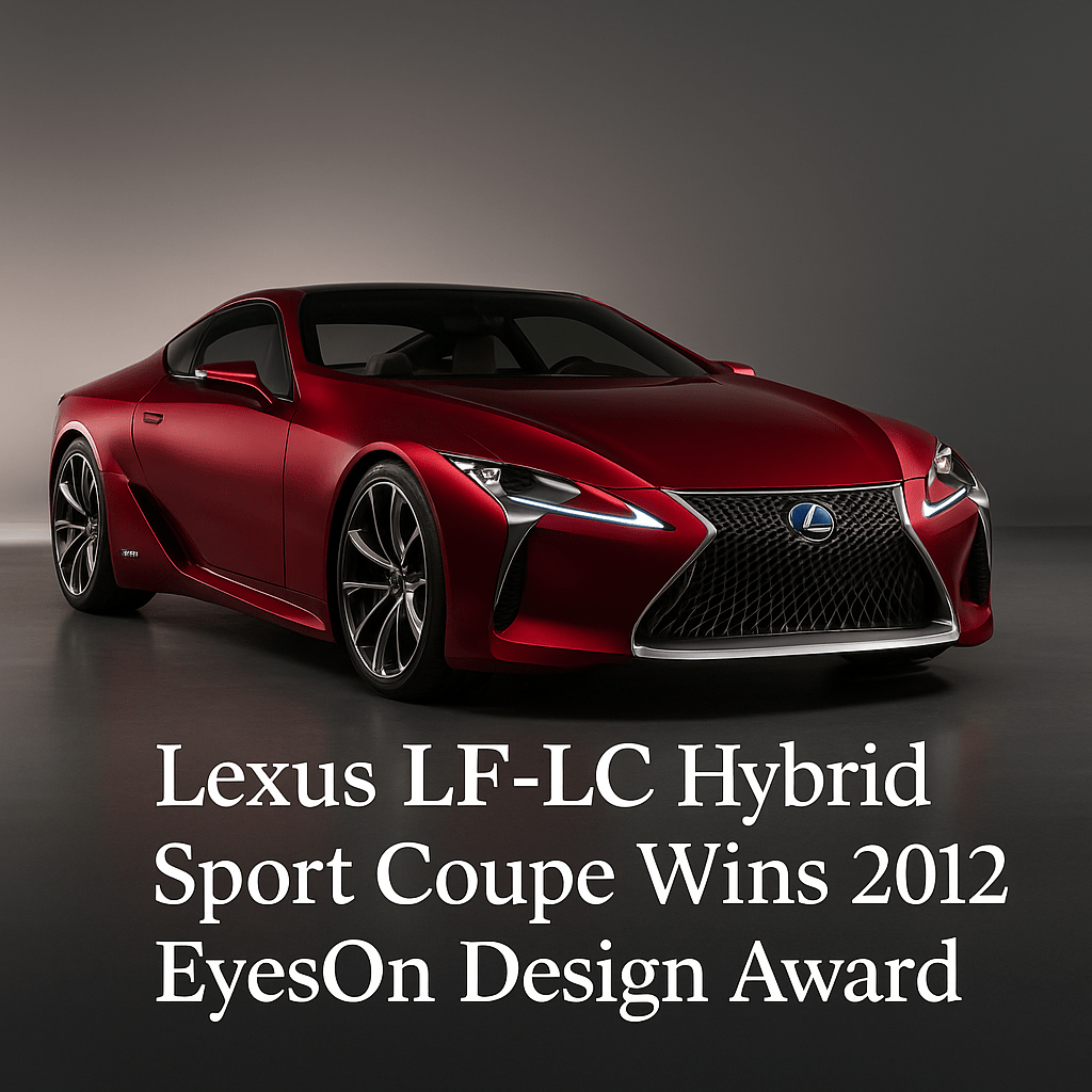 A text-based digital graphic features the headline “Lexus LF-LC Hybrid Sport Coupe Wins 2012 EyesOn Design Award” in dark gray serif font centered on a soft beige background.