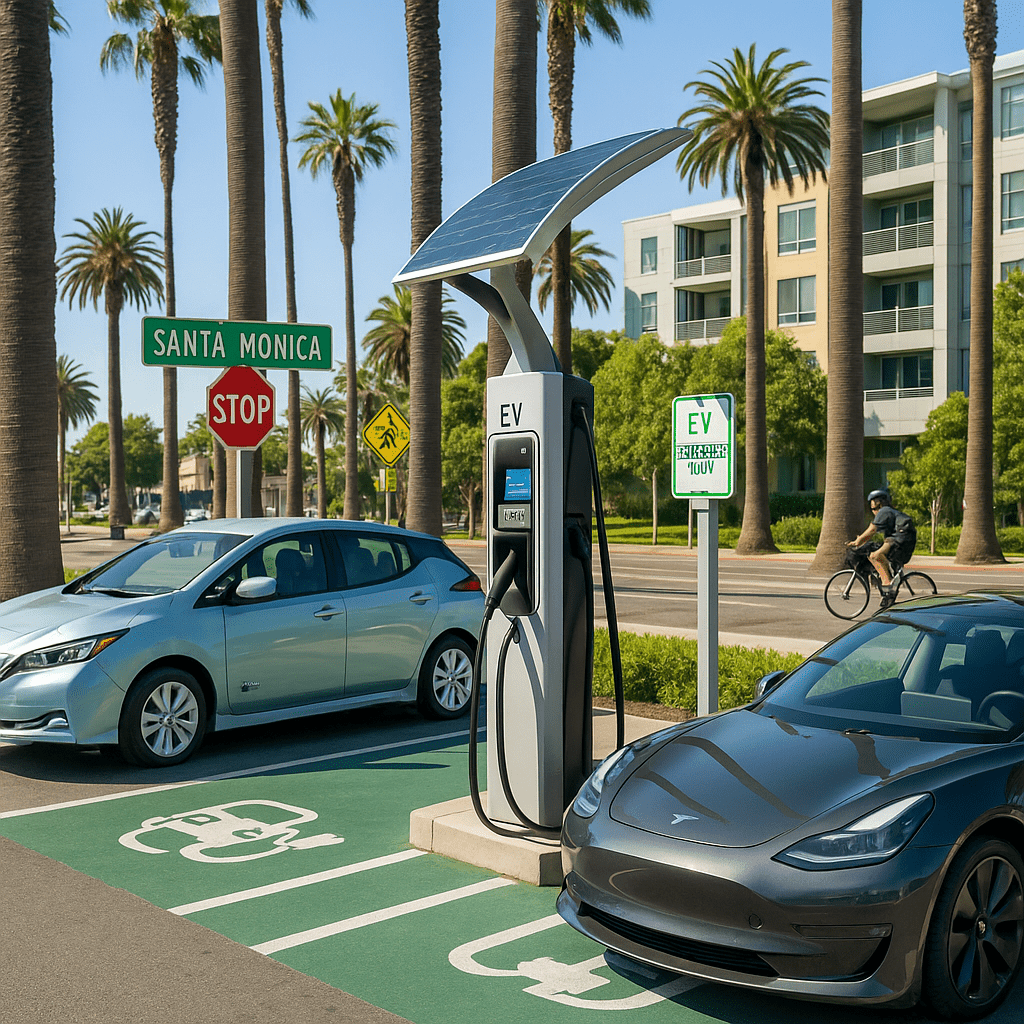 Two electric vehicles charging at a solar-powered EV station in Santa Monica with palm trees and a cyclist in the background.