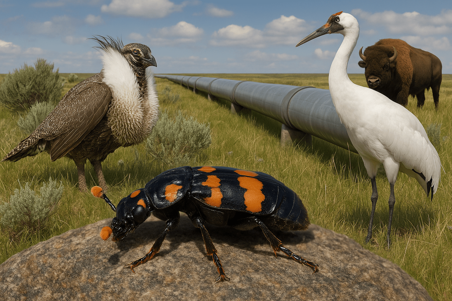 American Burying Beetle, Greater Sage-Grouse, Whooping Crane, and Bison near pipeline on open prairie.