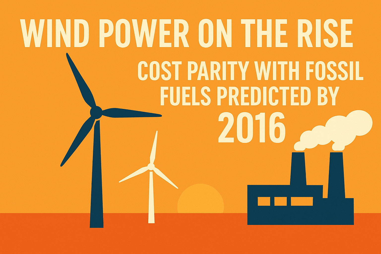 Infographic showing wind turbines and a fossil fuel plant with bold text reading “Wind Power on the Rise: Cost Parity with Fossil Fuels Predicted by 2016” on an orange background.