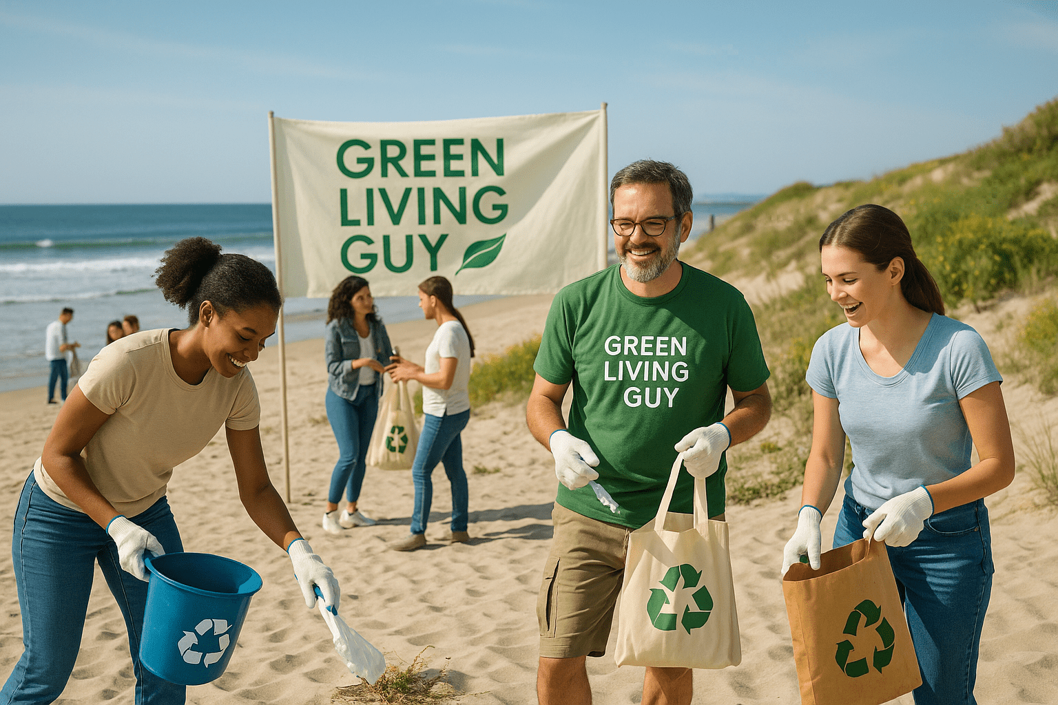 Volunteers of diverse backgrounds clean a sandy beach under a bright sky, holding recycling bags with a ‘Green Living Guy’ banner in the background.