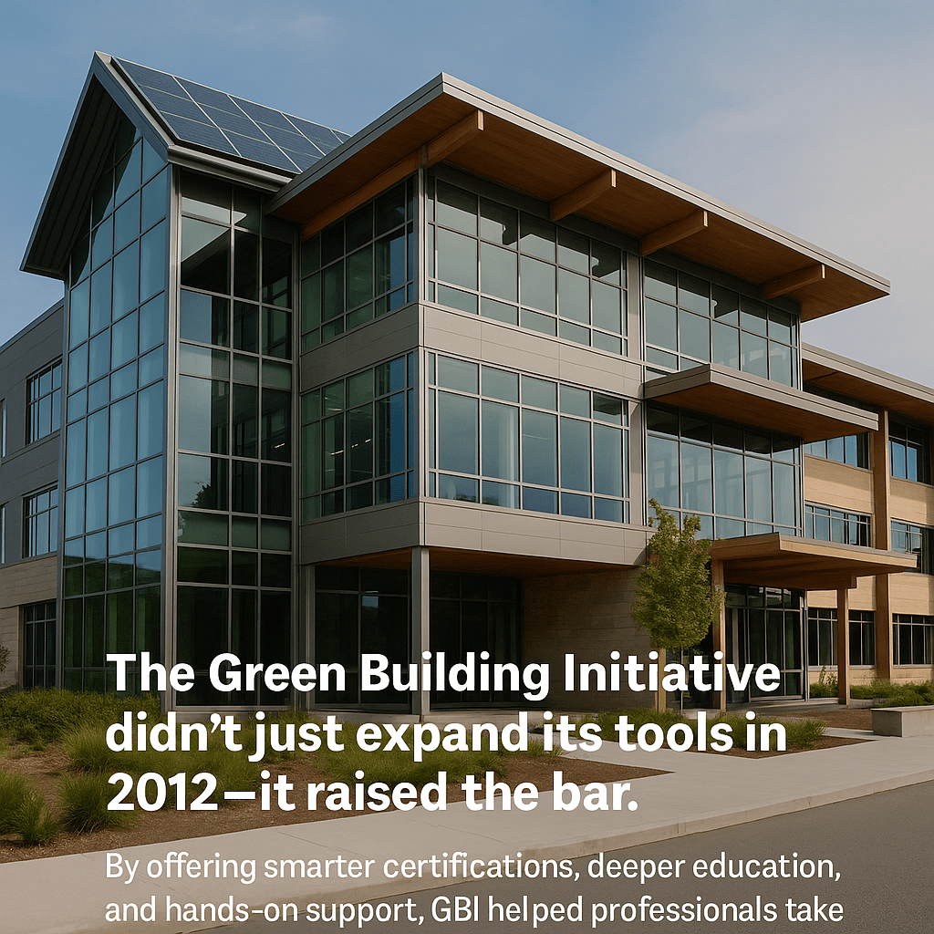 Modern green-certified office building with large glass windows, solar panels, and native landscaping.