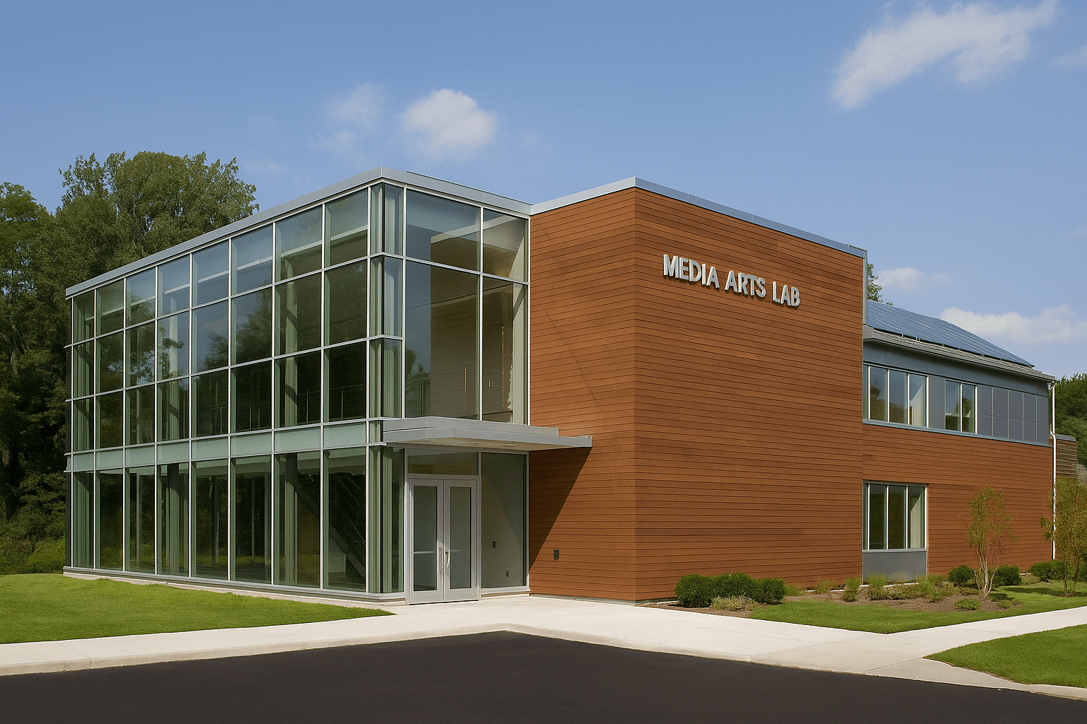 Exterior view of the Media Arts Lab at the Jacob Burns Film Center, featuring large glass walls, a wooden facade, solar panels, and landscaped greenery under a clear blue sky.