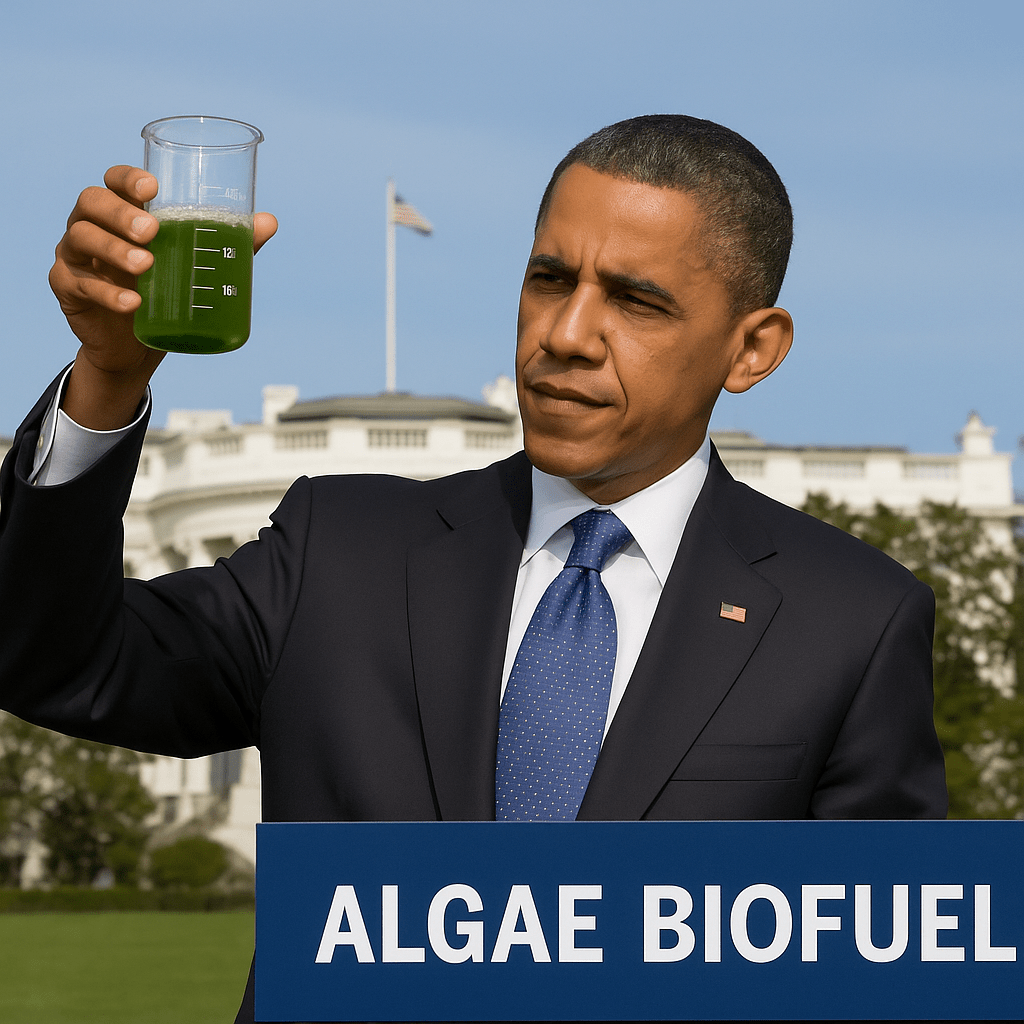 President Barack Obama holds a beaker of green algae biofuel outside the White House during a renewable energy initiative.