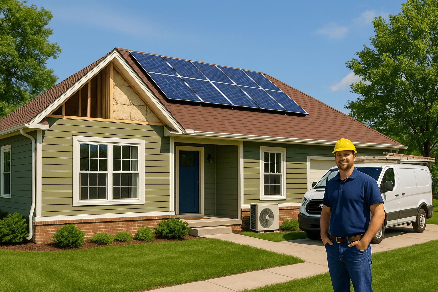 Energy-efficient home with solar panels, attic insulation, upgraded windows, a modern heat pump, and a contractor standing by a work van under a sunny blue sky.