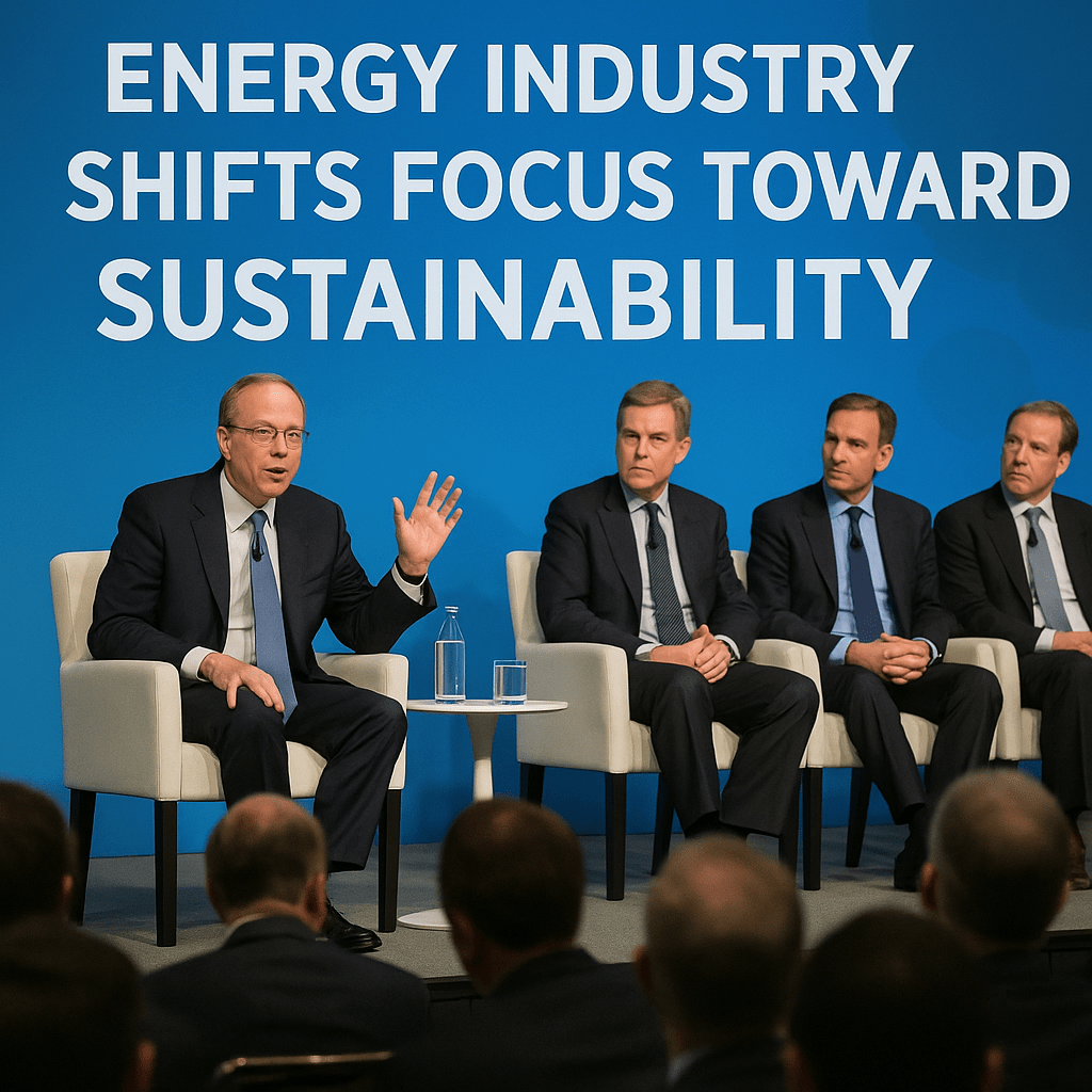 A professional energy conference panel discusses sustainability in a modern, well-lit auditorium.